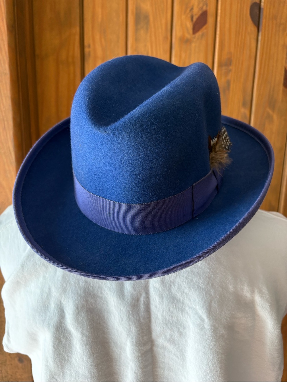 Stacy Adams Royal Blue Wool Fedora Godfather Style with Feather Accent